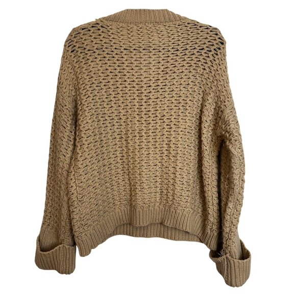 Purple Snow V-Neck Pullover Sweater Beige Sz Large Open Knit Ribbed Trim Neutral - Picture 2 of 9